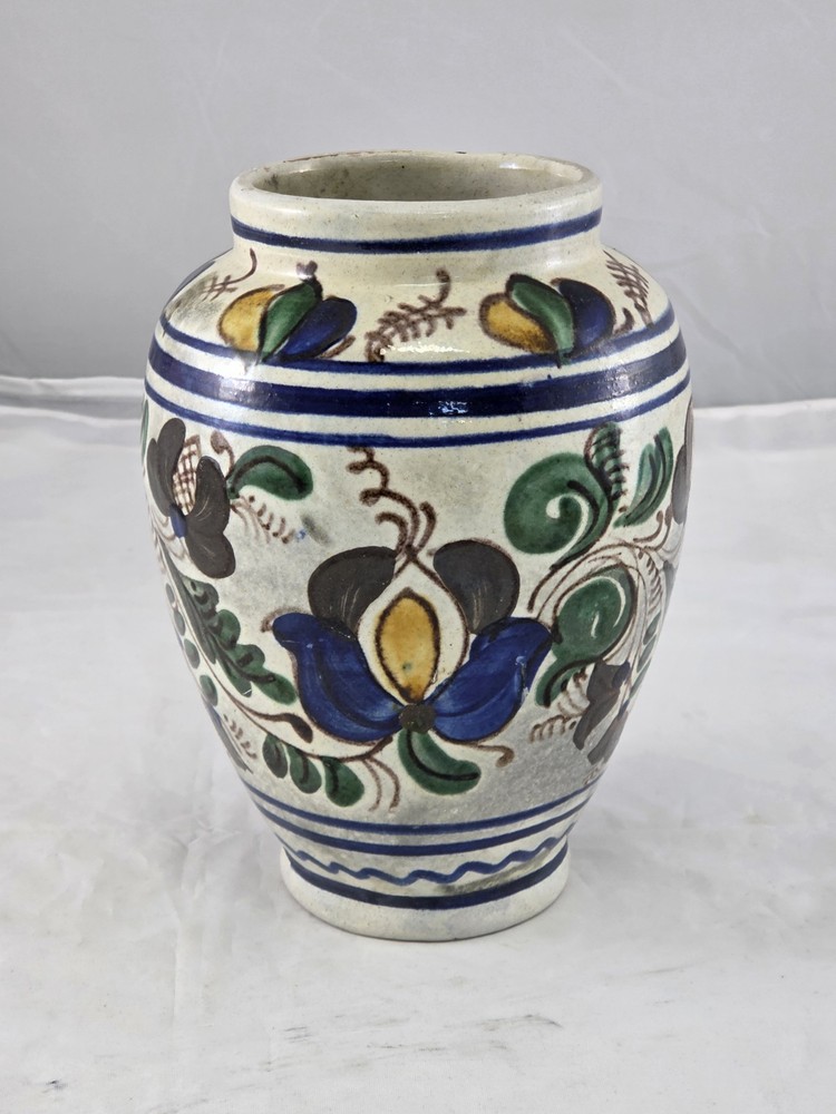 Vintage Mathe Denes Korond Art Pottery Vase Floral Hand painted Romanian