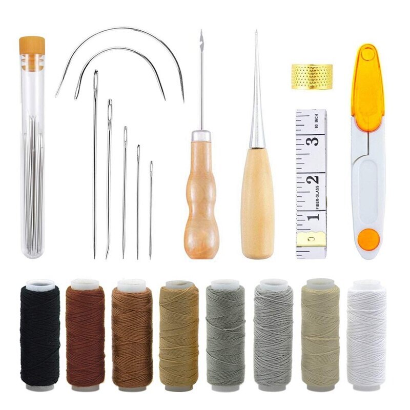Repair Kit 29pcs Leather Craft Tool Hand Sewing Needles Canvas Thread Tape Measu