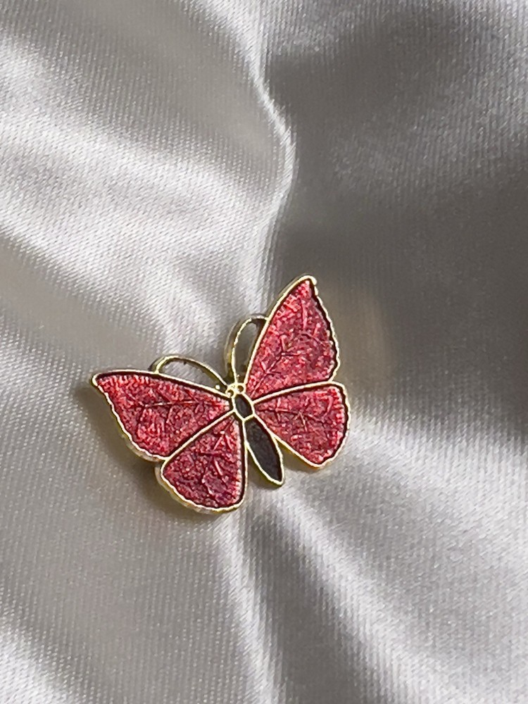 Red Enamel Butterfly Brooch Pin – Textured Wings – Gold-Tone