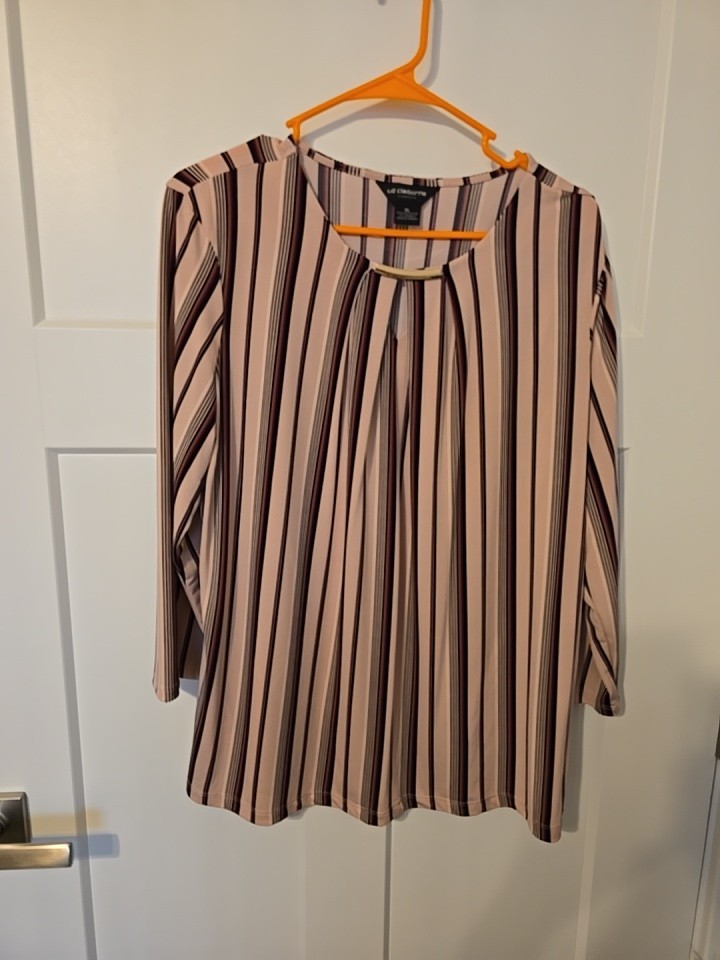 Liz Claiborne Career Womens Blouse XL Plus Pink Cranberry Striped 3/4 Sleeve