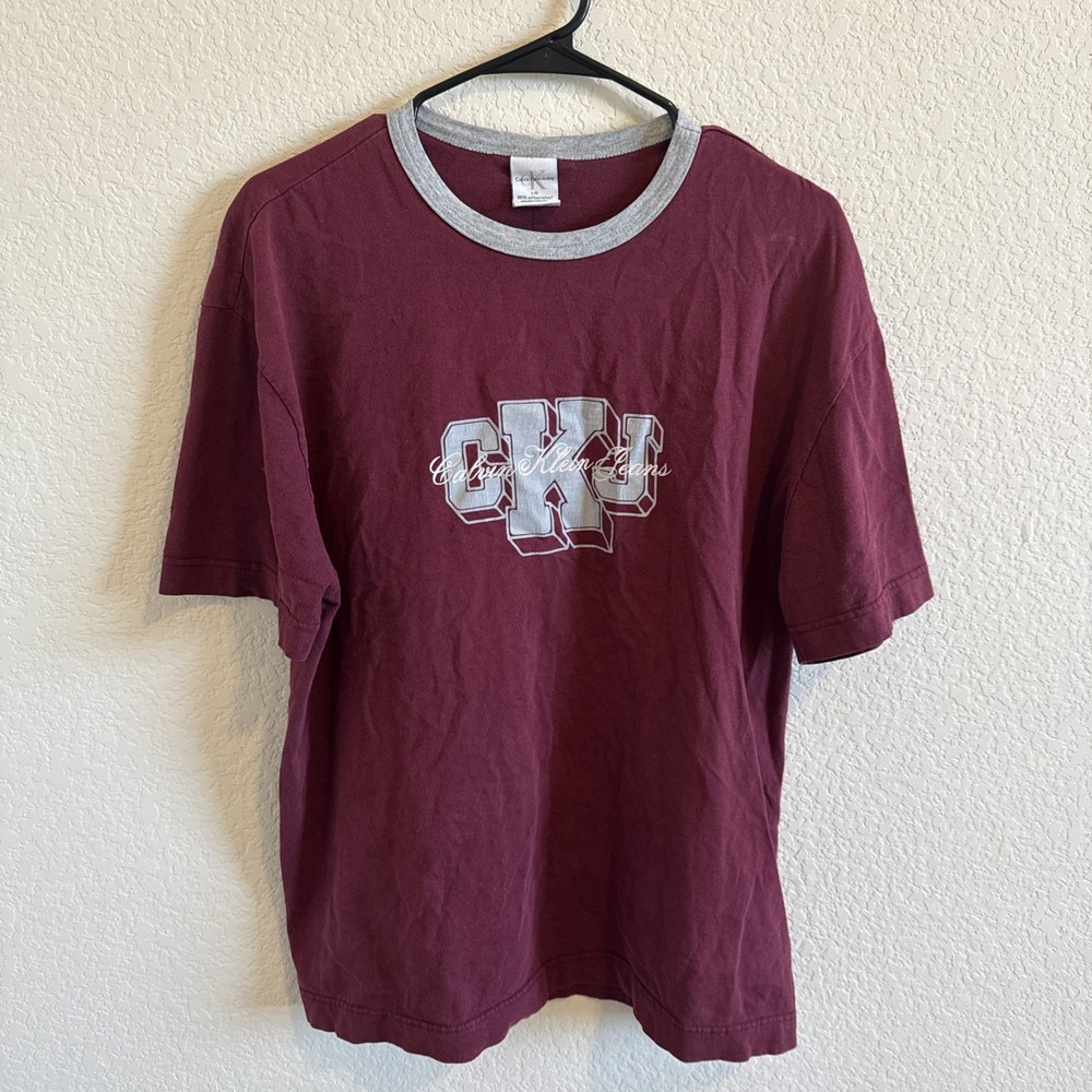 Vintage 90s Calvin Klein Jeans T-Shirt Mens Large VTG Burgundy Red Grey Ringer