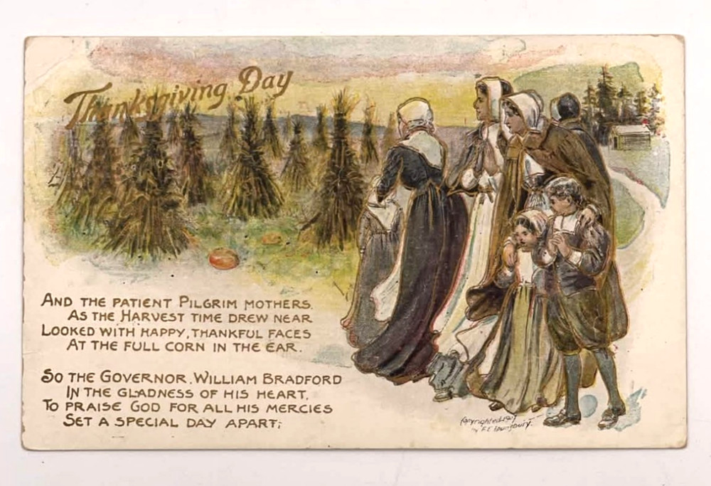 Thanksgiving Postcard Pilgrim Women Children Harvest Corn Embossed Antique 1907