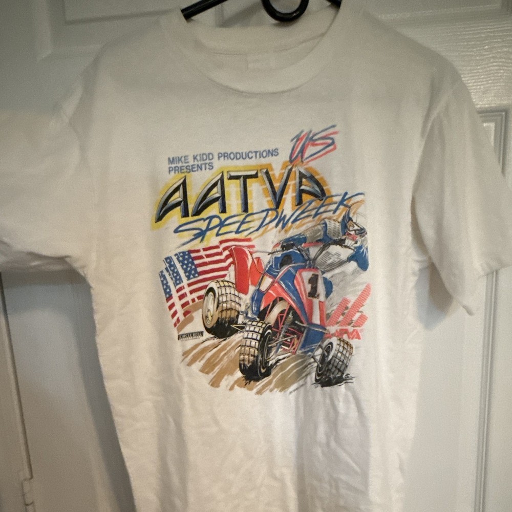 Hanes L White Short Sleeve Crew Neck ATV USA Racing Graphic Print T-Shirt