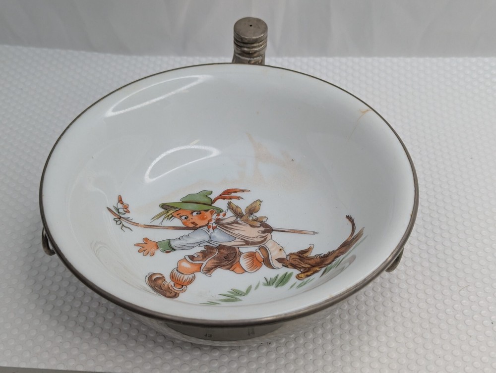 Vintage Childs Porcelain Warming Bowl Boy Dog