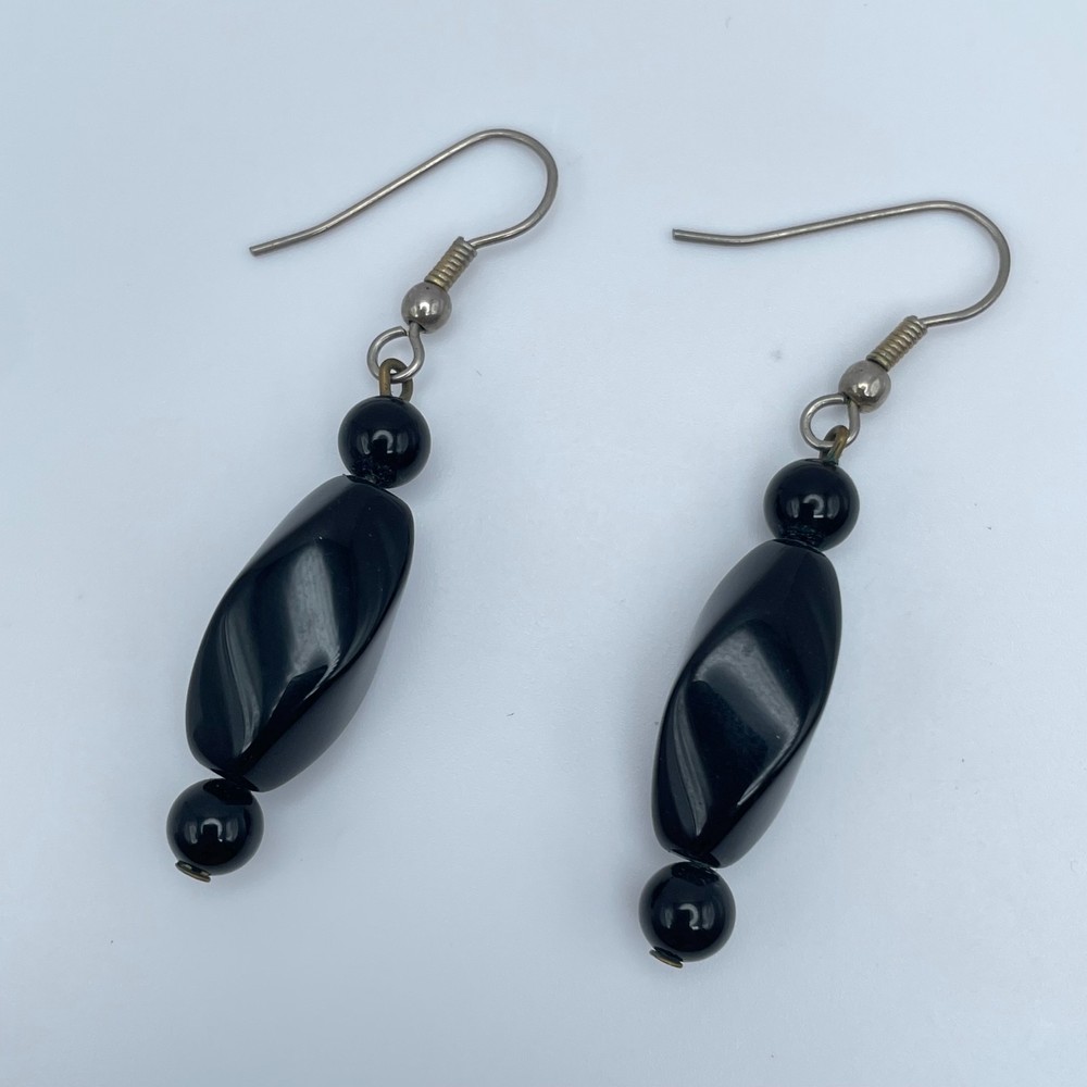 Vintage 90s Black Onyx Beaded Silver Tone Dangle Earrings Boho Women's Jewelry