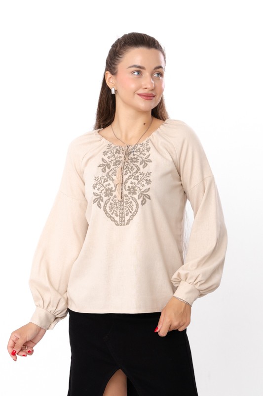 Women’s Embroidered Blouse – Linen & Viscose Fabric, Long Sleeves, Any season...