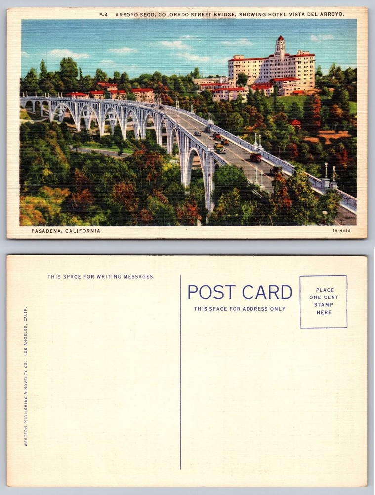 Pasadena CA Colorado Street Bridge Hotel Vista del Arroyo Linen Postcard