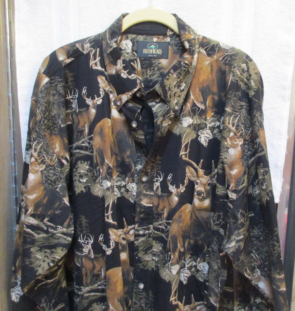 Mens Red Head Deer Buck Long Sleeve Black Button Down Shirt - XLT
