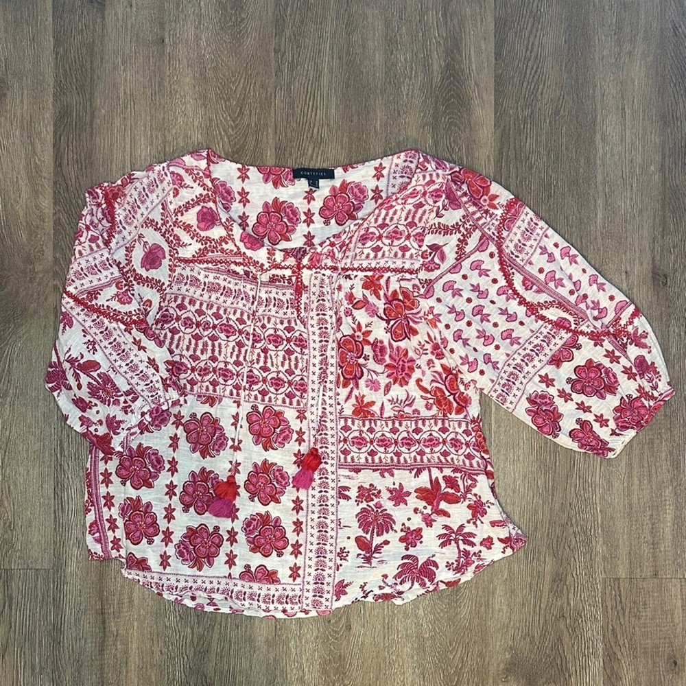 Floral Boho Peasant Blouse Red Pink Patchwork Print Tassel Tie Top M