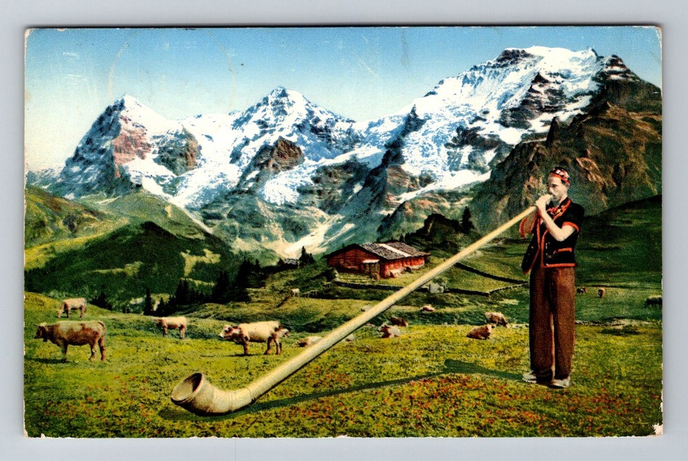 Switzerland- Swiss Alphornblaser Scenic Alps View Postal Vintage c1950 Postcard