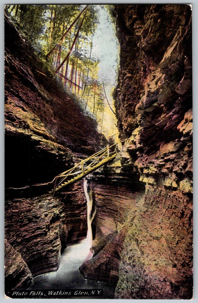 Antique Postcard Pluto Falls Gorge Footbridge Watkins Glen, NY 1910s