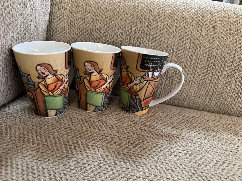 Joie de Vivre Cafe Sylvie Bourbonniere 10oz Coffee Latte Mug Cup Tea Set Of 3