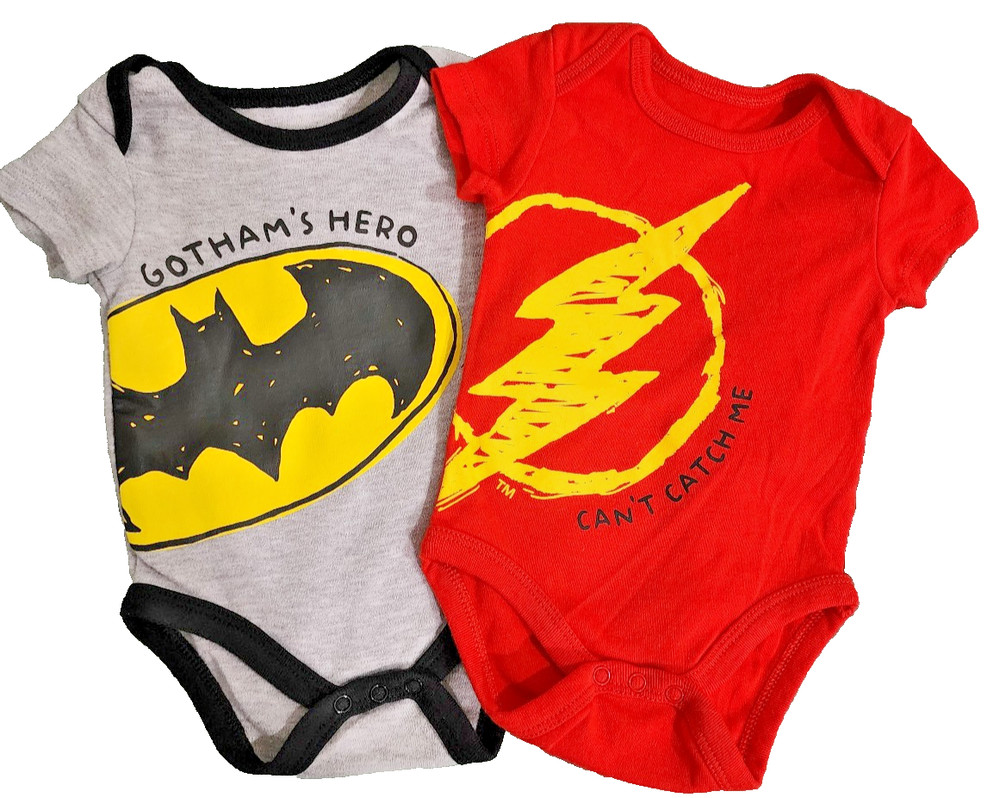 Justice League infant boys 3 - 6 mos 2 bodysuits: gray Batman; red the Flash