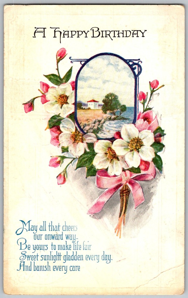 Antique Postcard Birthday Floral Bouquet Seascape 1910s