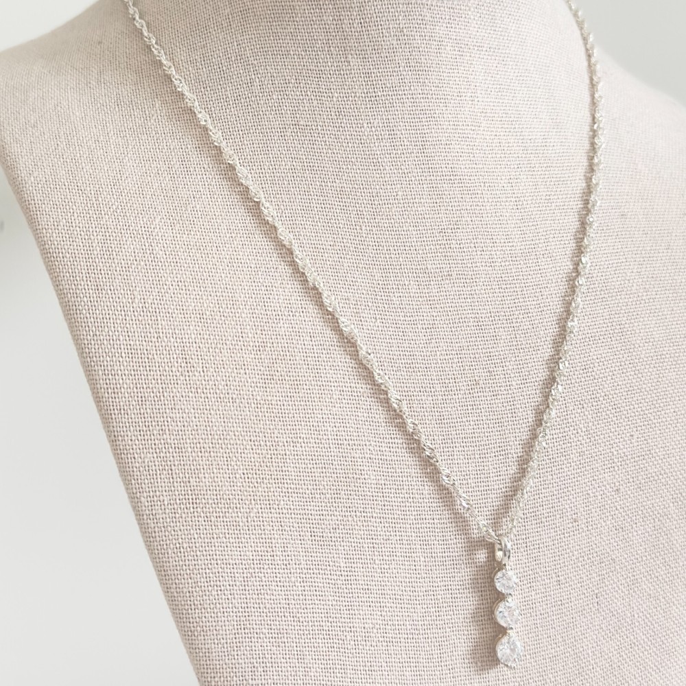 925 Sterling Silver Clear CZ Sparkly Triple Graduated Pendant Chain Necklace 20