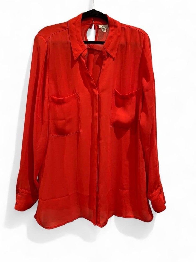 Worthington Red Chiffon Polyester Collared Button Front Blouse Long Sleeve XLT