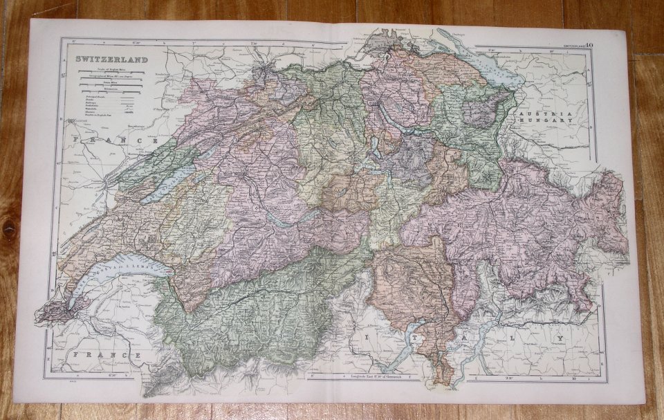 1908 Original Antique Map Of Switzerland / Alps