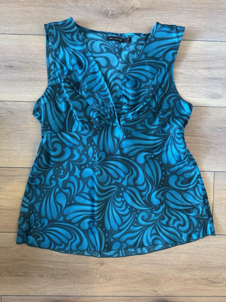 Y2K Vintage Teal Abstract Swirl Silk Sleeveless Blouse Size L-image