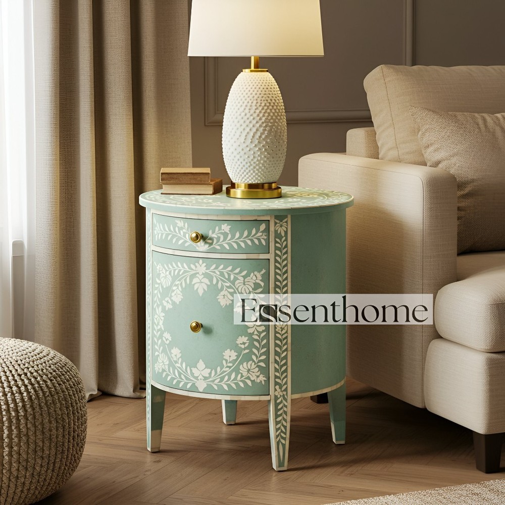 Sky Blue Floral Bone Inlay Handmade Round Nightstand with Storage