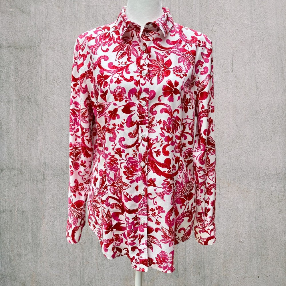 Chico’s No Iron Shirt Sz 1 Red Pink Floral Paisley Button Up Y2K Cotton Stretch
