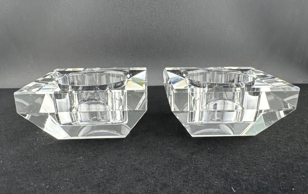 Oleg Cassini - Pair of Clear Crystal Votive Bauhaus Candle Holders with Box