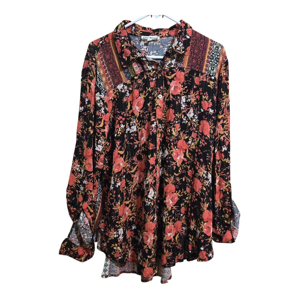 Hope Springs Women's Floral Boho Blouse Size XL Long Sleeve  Button Up Career
