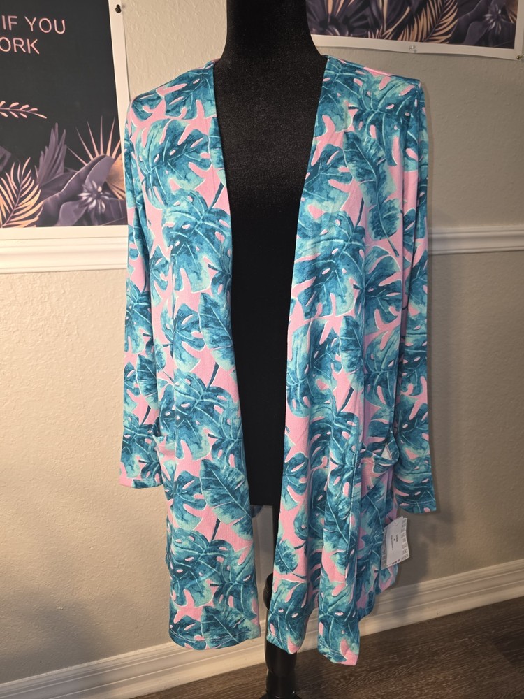 LuLaRoe Women's Caroline Cardigan M Pink Blue Tropical Floral V-Neck Long Sleeve