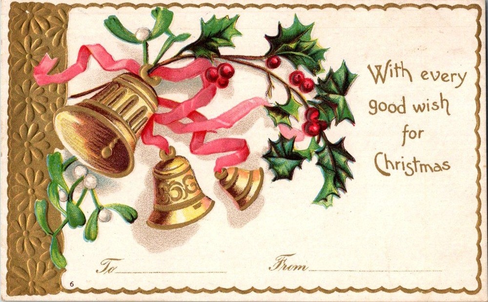 Antique Christmas Postcard Bells Holly Mistletoe Embossed Undivided Back 1898