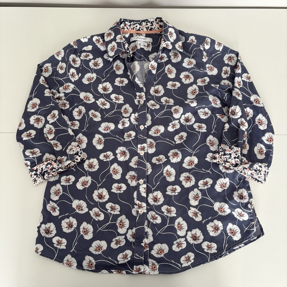 Foxcroft Women’s Blue Floral Pattern Button Up 3/4 Sleeve Blouse Shirt Size 10