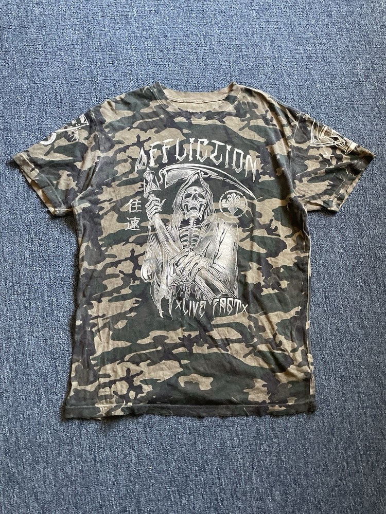 Y2K Affliction T-Shirt Men's Large Camo Reaper Skull Live Fast Defender Freedom