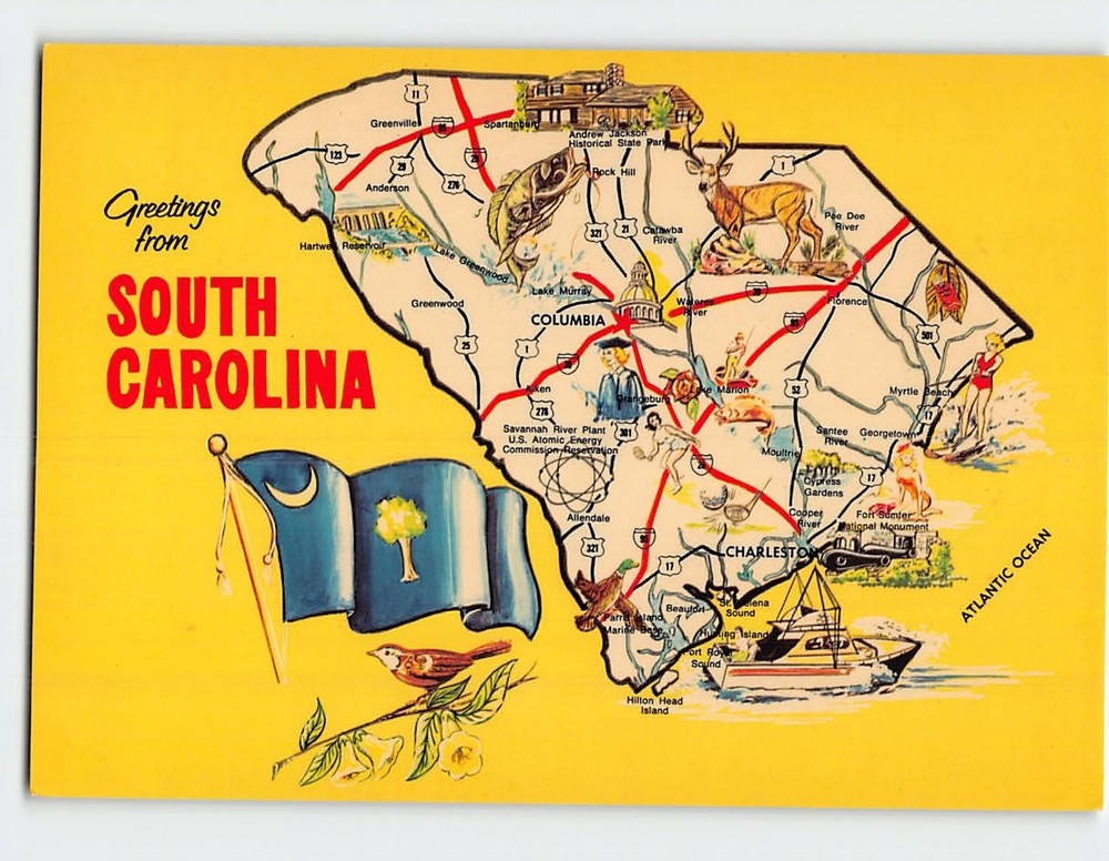 Postcard Map & Attractions Greetings from South Carolina USA