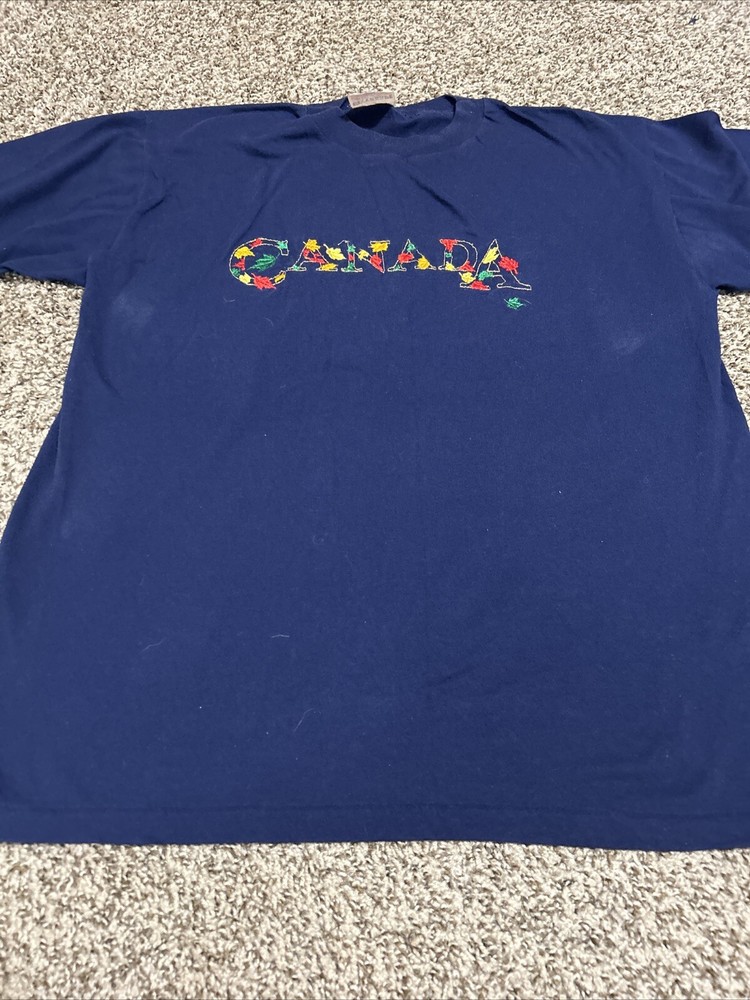 Canada Single Stitch Cityscape Vintage Leaf Men’s Large Fall Navy Tshirt
