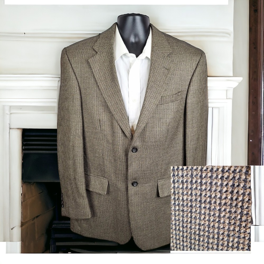 Oscar De La Renta Sport Coat Mens 42R Brown Houndstooth Ventless Lambs Wool