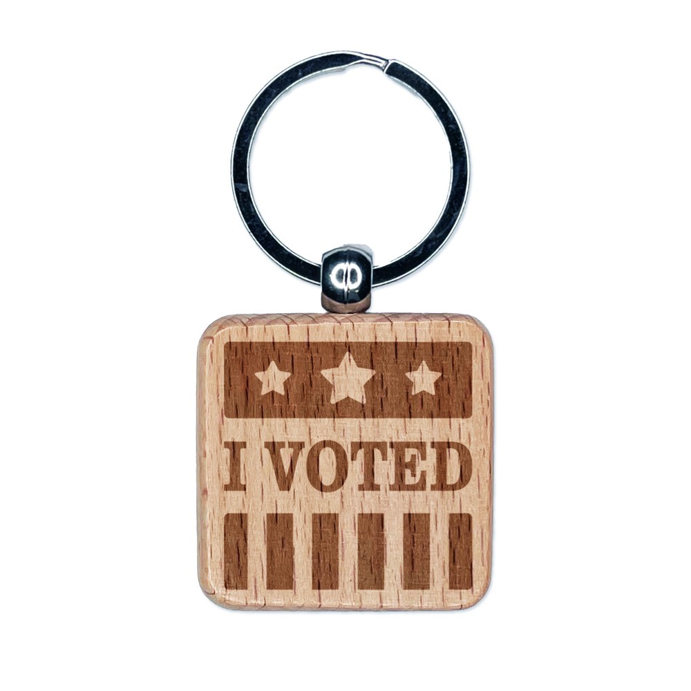 Patriotic I Voted Stars and Stripes Engraved Wood Keychain Tag