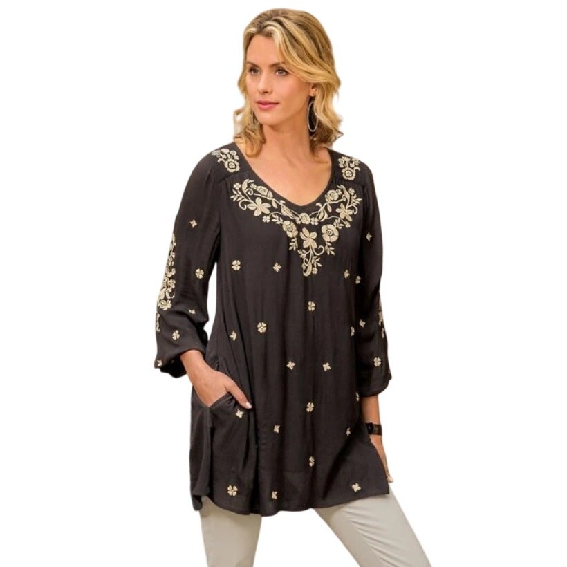 Soft Surroundings Black Cream Boho Embroidered Floral Tunic Blouse Women size 1X