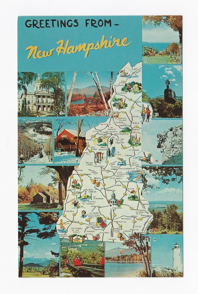 Greetings From New Hampshire State Map Multiview Chrome Postcard