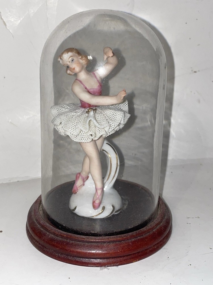 Vintage Porcelain Ballerina Figurine Glass Dome Lace Tutu Wood Base Decor