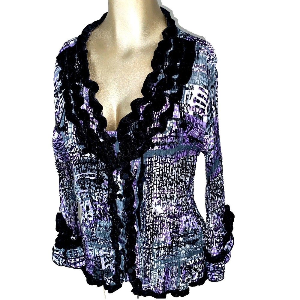 PIANO Vintage Y2K Crinkle Mesh Top L Purple Abstract Ruffle V-Neck Whimsigoth
