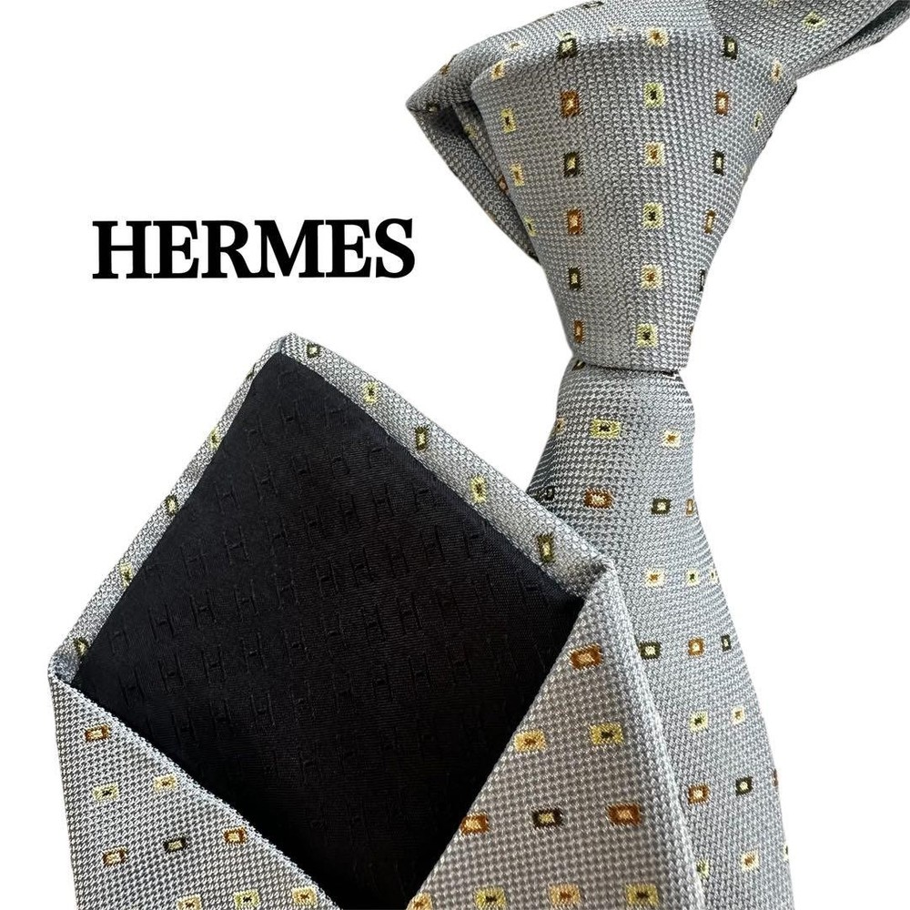 HERMES Necktie Tie All over small pattern 100% Silk Light Blue Made in France