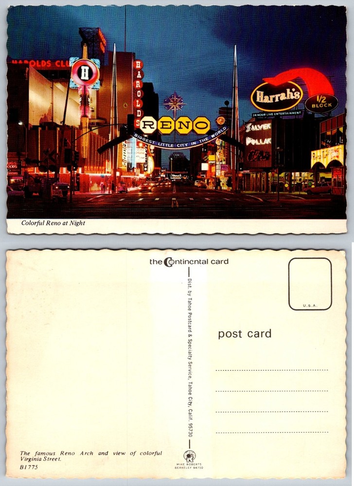 Reno Arch Nevada Night Postcard - Virginia Street Casinos Harrah's Harold's