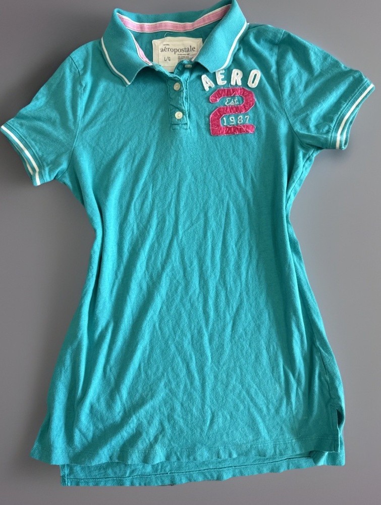 Y2K Teal Pink Aeropostale Women Aeropostale Script Jersey Polo Shirt Style Large