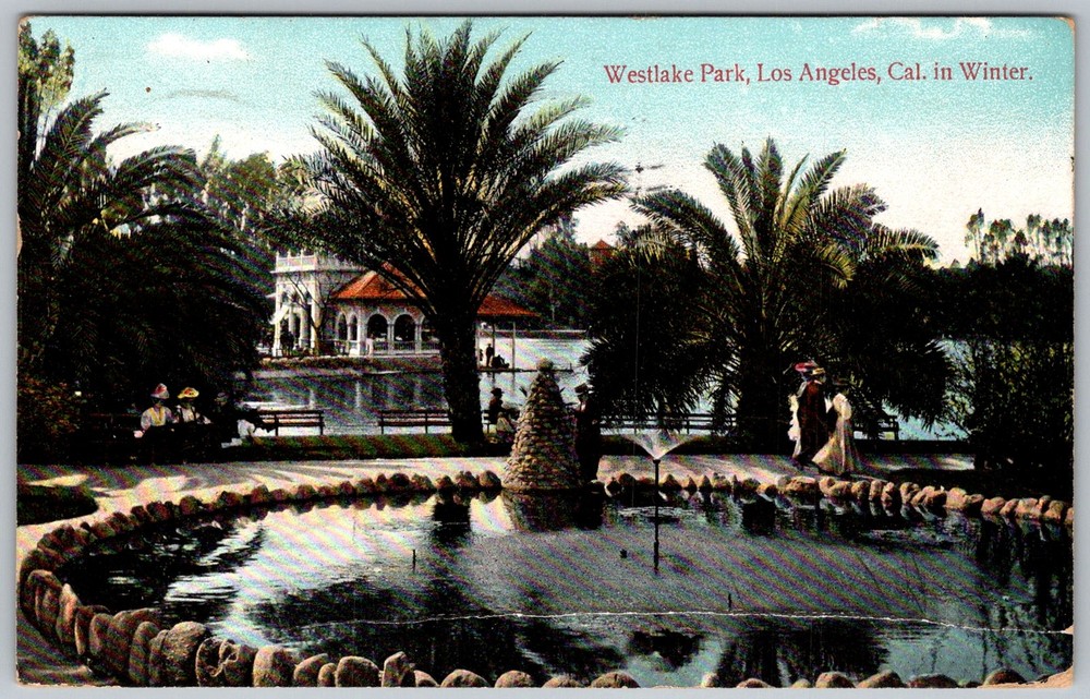 Antique Postcard Westlake Park Fountain Los Angeles, CA 1910s