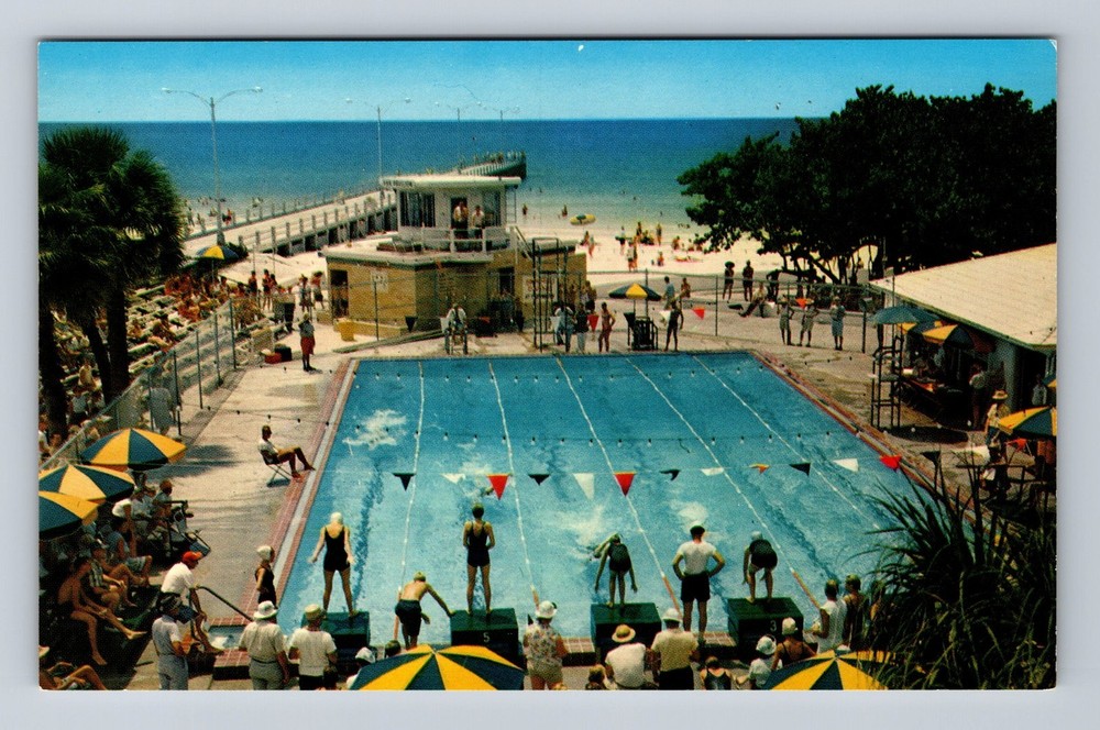 Clearwater Beach FL-Florida Pier Pavilion Olympic Swimming Pool Vintage Postcard