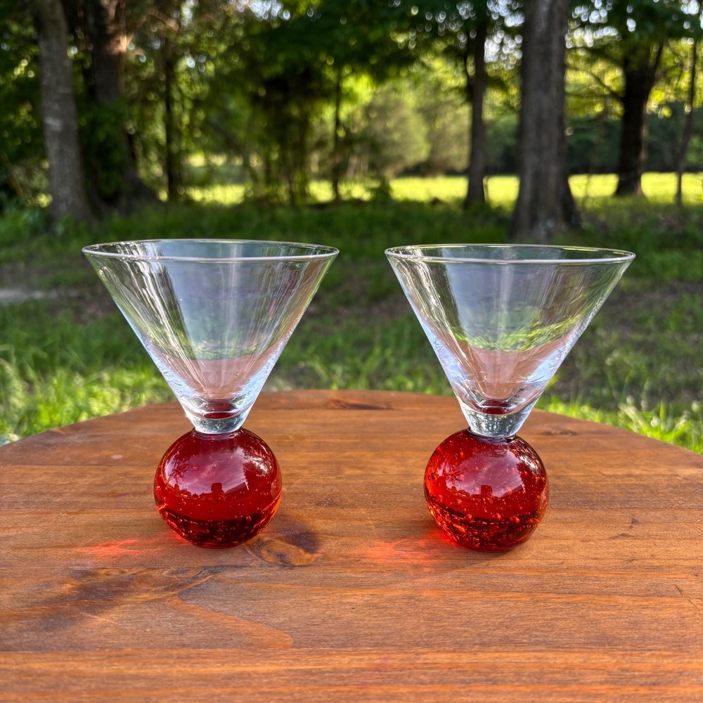 Vintage art glass martini glasses *GLOWS* red orb base- MCM style (set of 2)
