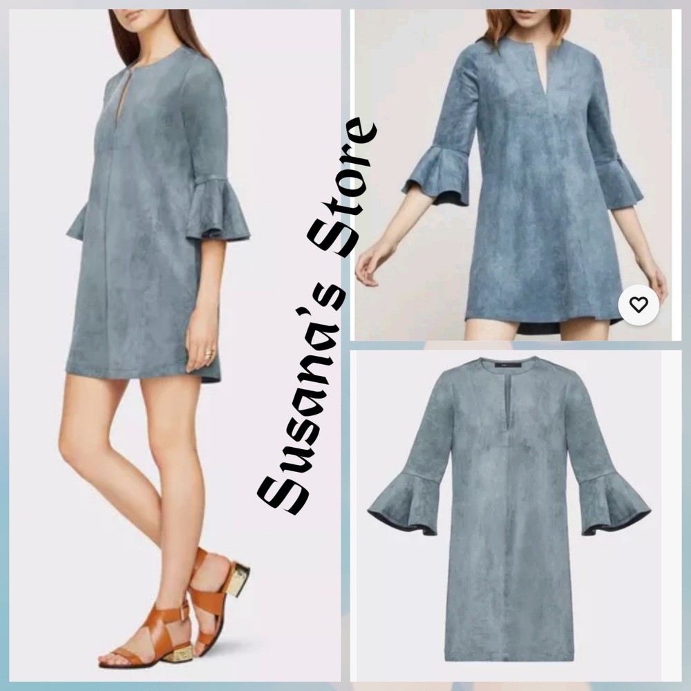 NWT BCBG MAXAZRIA SIZE XXS Catier Faux Suede Bell Sleeve Split Neck Shift Dress