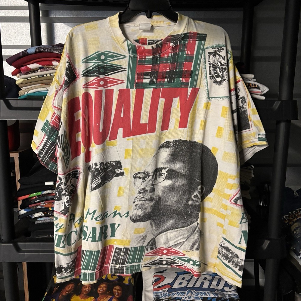 Vintage 90s Malcom X Equality Any Means Necessary All Over Print T Shirt Size XL