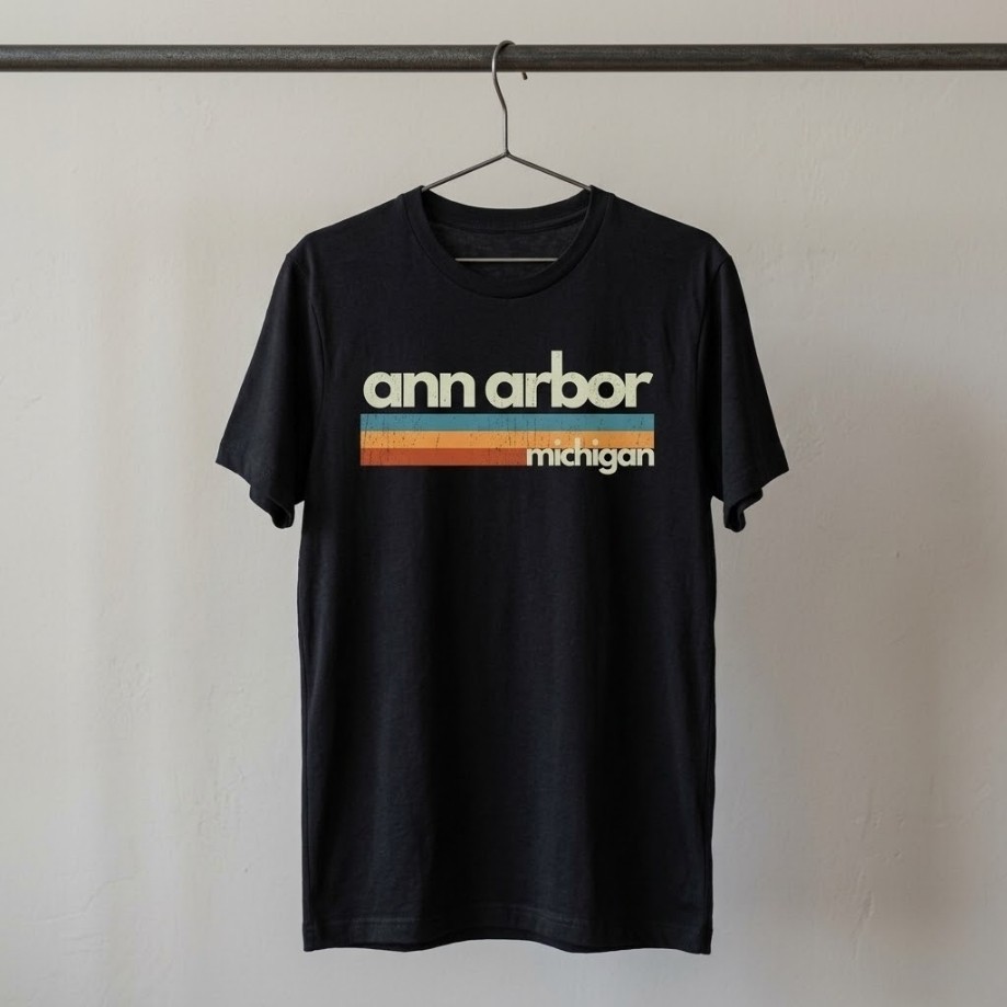 Ann Arbor Michigan Shirt Distressed 70s Striped Souvenir Hometown Graphic Tee