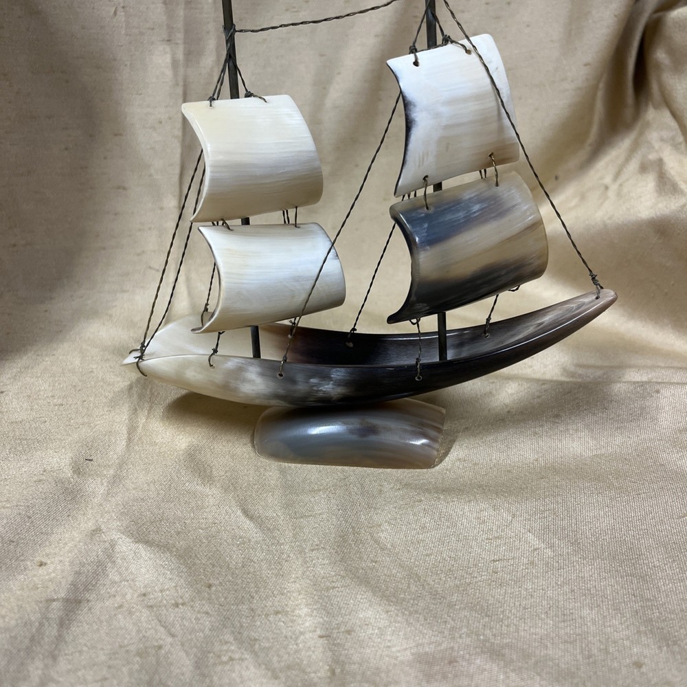 Cow Bull Horn Pirate Ship Sailing Boat Model  Nautical Ocean Vintage Carved