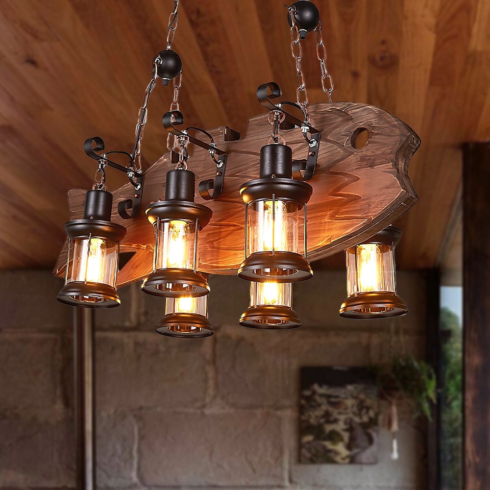 Vintage Wooden Fish Glass Pendant Lamp Hanging Ceiling Chandelier