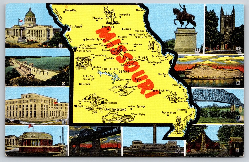 Missouri State Map~Rivers/Lakes~Ozarks~Multi-Views~Key To Views On Back~Linen PC